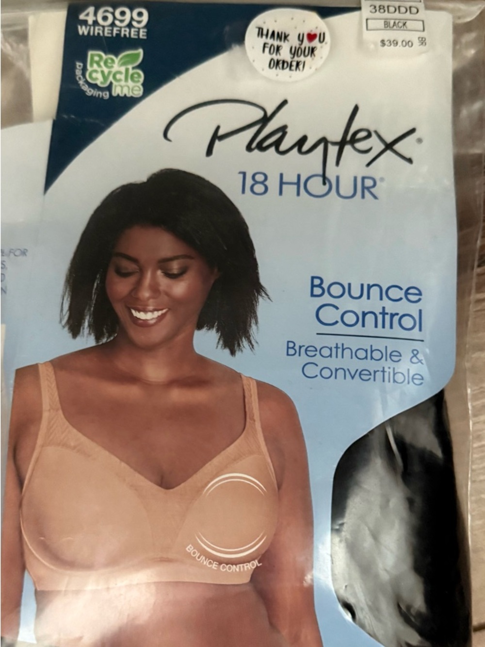 NWT Playtex 18 Hour Wirefree Bra US4699 Black 38DDD 4-Way TruSupport Full Covera
